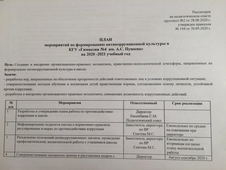 План по формированию антикоррупционной культуры в КГУ "Гимназия №4 им.А.С.Пушкина" на 2020-2021 у.г.
