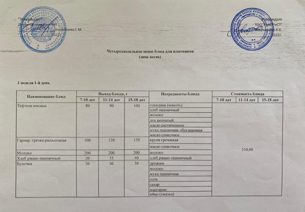 Меню для платников 4.04.2022г.