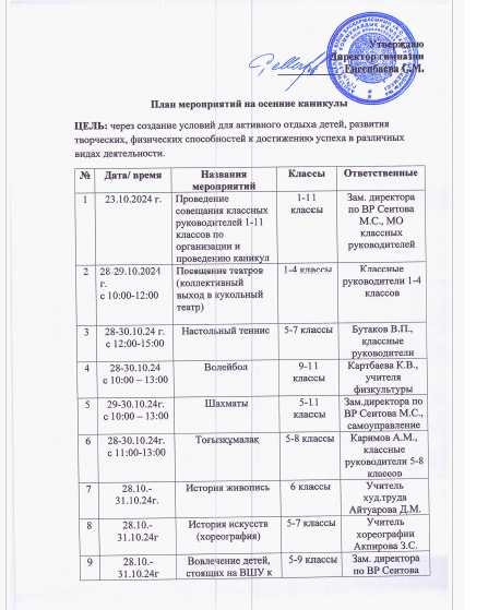 Күзгі мерекелерге арналған іс-шаралар жоспары. План мероприятий на осенние каникулы