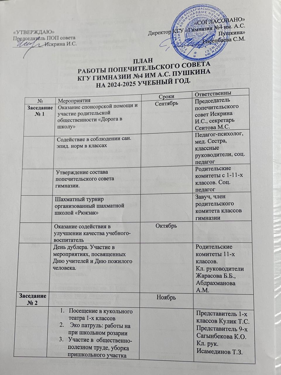 Қамқоршылық кеңестің жұмыс жоспары (2024-2025 ж.)