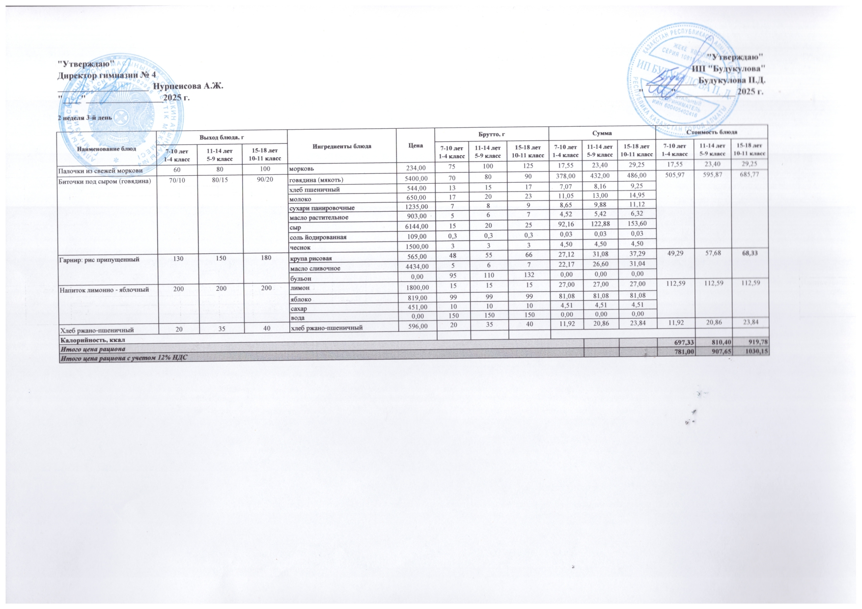 Бюджет қаражаты есебінен орта білім беру ұйымдарында білім алушыларды тегін тамақтандыруды ұйымдастыру үшін төрт апталық ас мәзірі