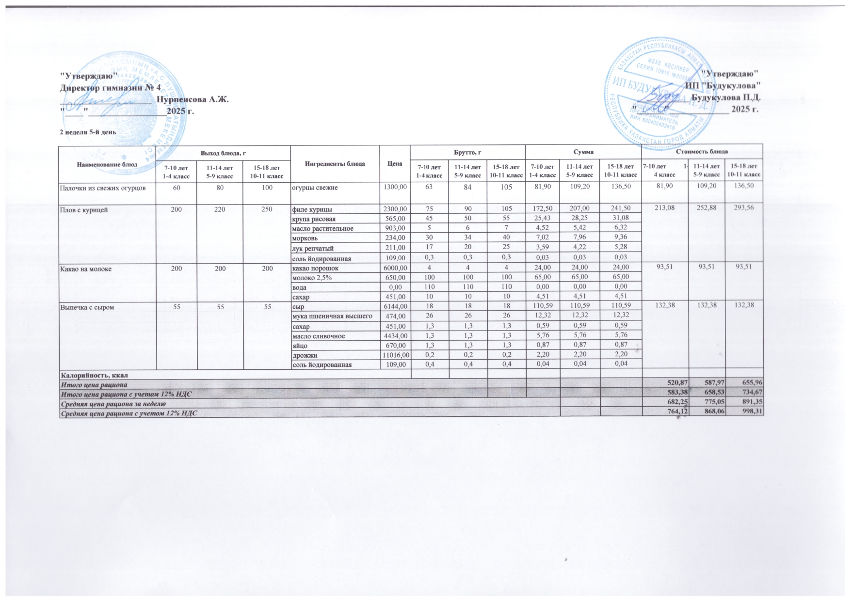 Бюджет қаражаты есебінен орта білім беру ұйымдарында білім алушыларды тегін тамақтандыруды ұйымдастыру үшін төрт апталық ас мәзірі